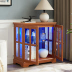 KEIKI Lighted Curio Display Cabinet with Adjustable Glass Shelves, Retro Storage Cabinet with Tempered Glass Doors, Elegant Showcase for Home Décor, Dark Oak