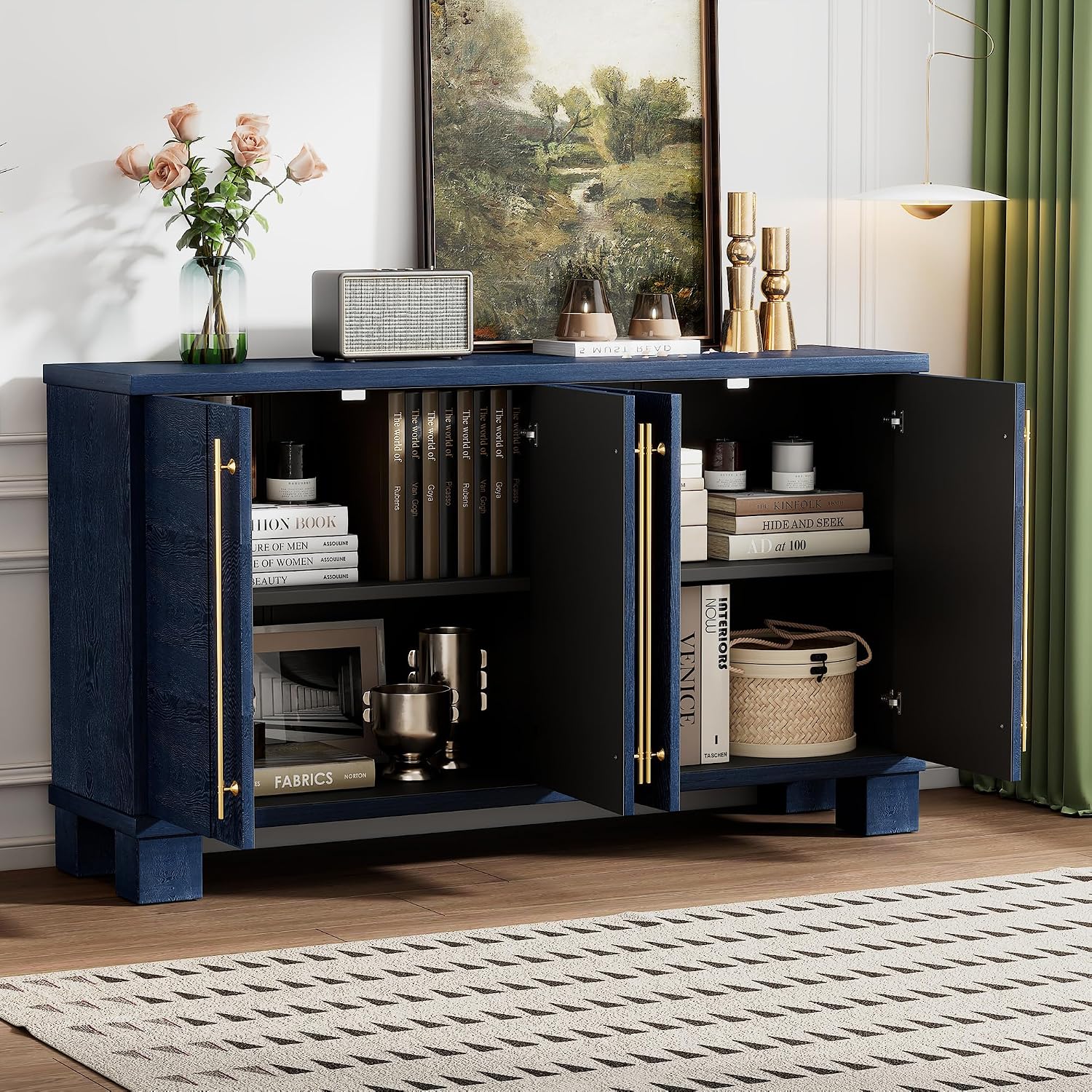 Modern Sideboard Cabinet 60-Inch Wood Console Storage Cabinet Credenza Dining Buffet Table with 4 Doors and Adjustable Shelves for Living Room Entryway, Navy Blue