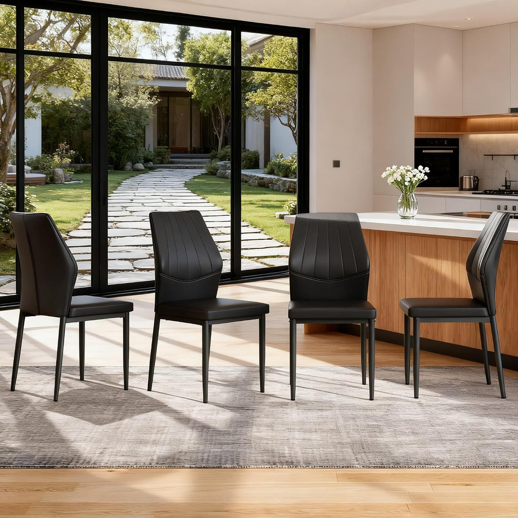 Modern Dining Chairs Set of 4，Black Dining Room Chairs Set, Comfy Kitchen Faux Leather Upholstered Chairs with Mental Legs， Easy Assembly