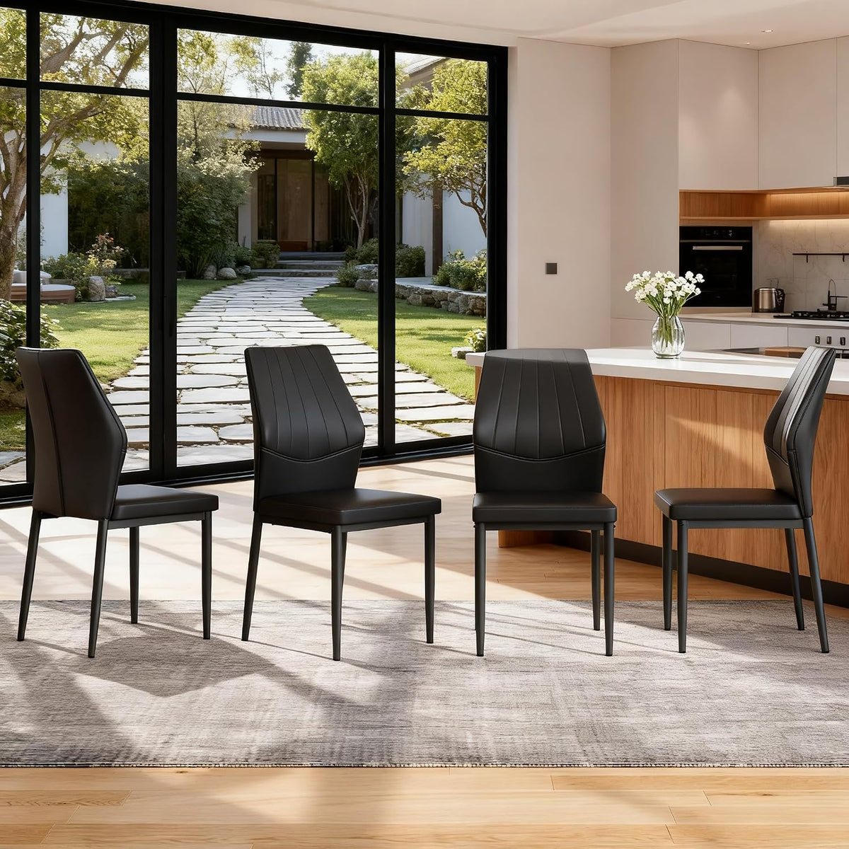 Modern Dining Chairs Set of 4，Black Dining Room Chairs Set, Comfy Kitchen Faux Leather Upholstered Chairs with Mental Legs， Easy Assembly