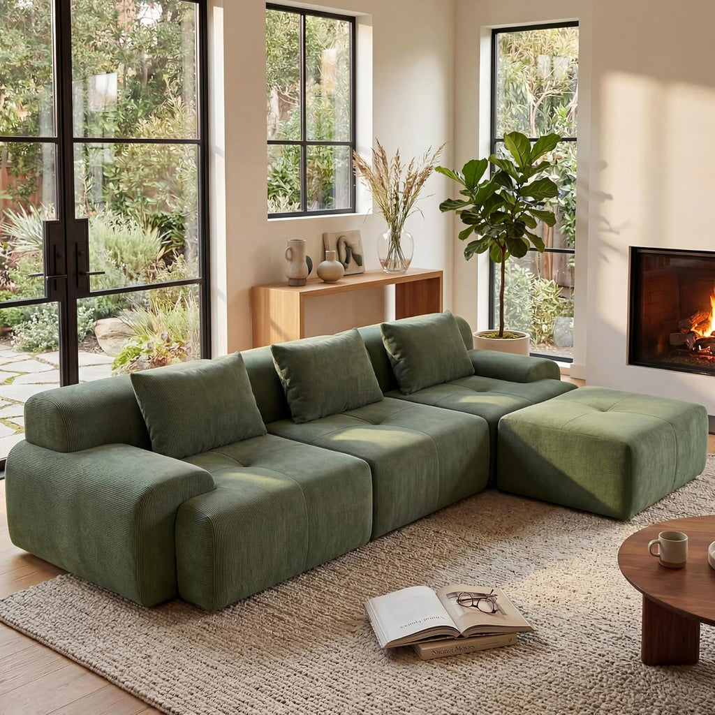 GRUSIGN 108'' Modular Sofa,Sectional Couch for Living Room | Tufted Oversized L Shape Deep Seat Sectional Sofa with Ottoman & 3 Throw Pillows,Corduroy Cloud Couch,Green