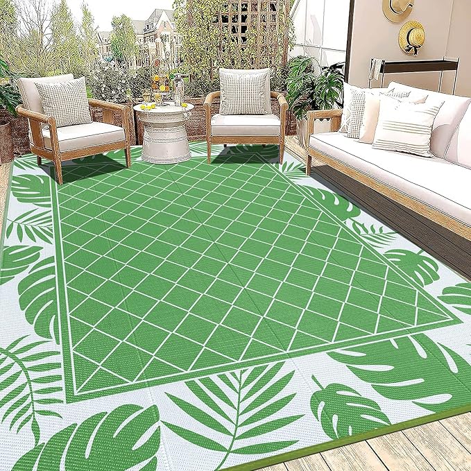 Ileading Outdoor Rug Carpet for Patio 8'x10' Waterproof Reversible Plastic Straw Rug Portable Outside Area Rug Camping Mat for Patio, Clearance, Balcony, Picnic, Pool, Beach, RV, Deck, Green