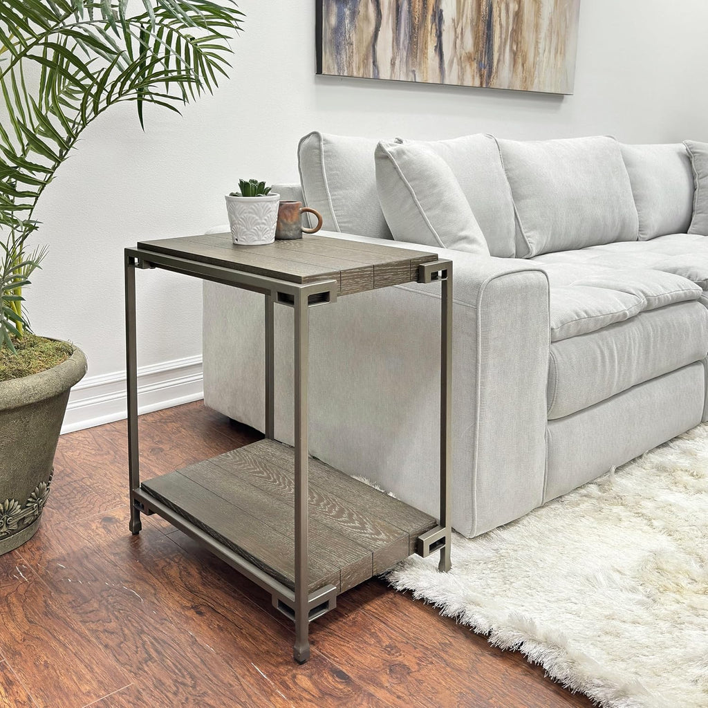 Polay Coffee Table Set with 2 Chairside Tables Metal Frame Wood | Modern coffee table set with aged graphite finish, hardwood and oak veneer construction, removable casters for mobility,