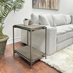 Polay Coffee Table Set with 2 Chairside Tables Metal Frame Wood | Modern coffee table set with aged graphite finish, hardwood and oak veneer construction, removable casters for mobility,