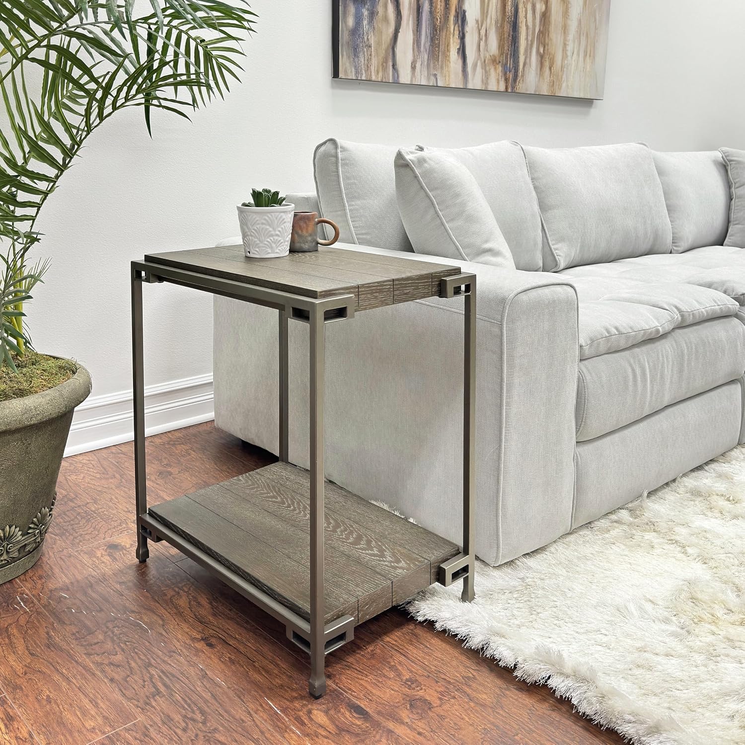 Polay Coffee Table Set with 2 Chairside Tables Metal Frame Wood | Modern coffee table set with aged graphite finish, hardwood and oak veneer construction, removable casters for mobility,