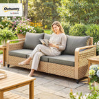 Outsunny Outdoor Patio Couch with Wide and Deep Seat, 3 Seater Wicker Outdoor Sofa with Wide Metal Armrests, Patio Furniture Couch with Cushions for Porch, Garden, Backyard, Gray | Removable Covers