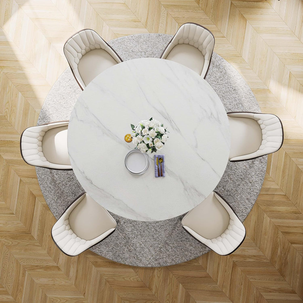 POVISON 59" Modern Round Dining Table, Marble Round Dining Room Table for 6, Matte White Sintered Stone Tabletop with Black Carbon Steel Pedestal, Circle Dining Table for Kitchen Room (Table Only)