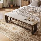 LITTLE TREE 63" Upholstered Bench, Solid Wood Entryway Shoe Bench with Cushion, Long Modern Farmhouse End of Bed Bench with Antique Brown Legs & Faux Lamb Fur Seat for Bedroom, Living Room, Dining