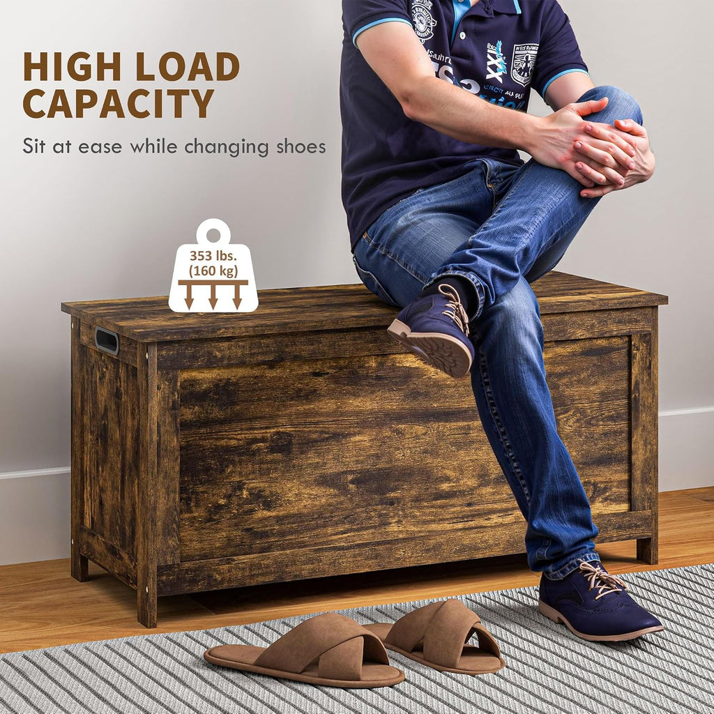 HOMCOM Storage Bench Cut-out Handles 39.4" x 15.7" x 18.9" Rustic Brown | Storage Chest, 2 Safety Hinges, Modern Wooden Trunk, Living Room, Entryway