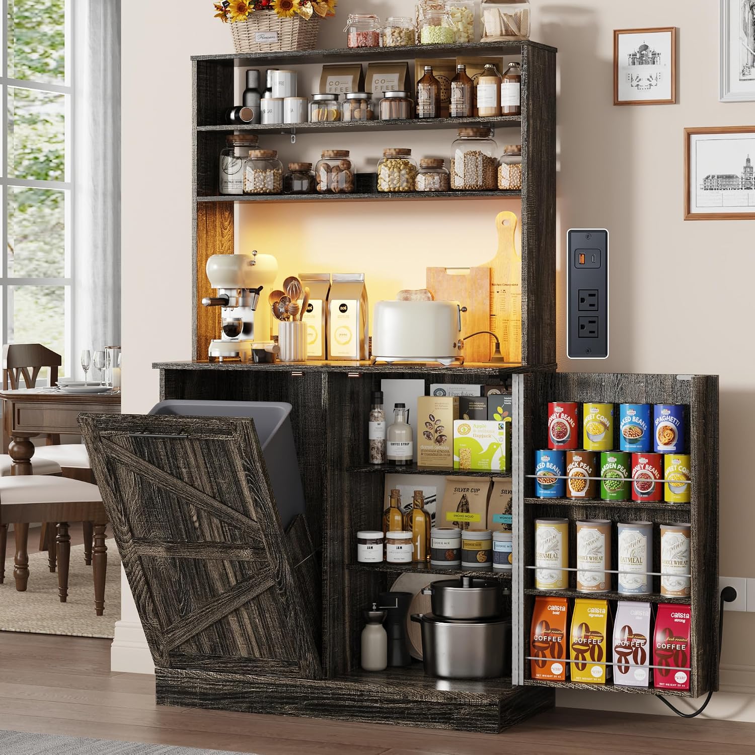 Squireewo 63" H Pantry Cabinets with 10 Gallon Trash Can,Led Light,Outlet,35" W Kitchen Hutch with Tilt Out Trash Can Cabinet,Farmhouse Cupboard with Large Countertop for Living Room, Dining Room