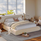 Homkdom Queen Boucle Platform Bed Frame with Anti-Collision Corners, Beige