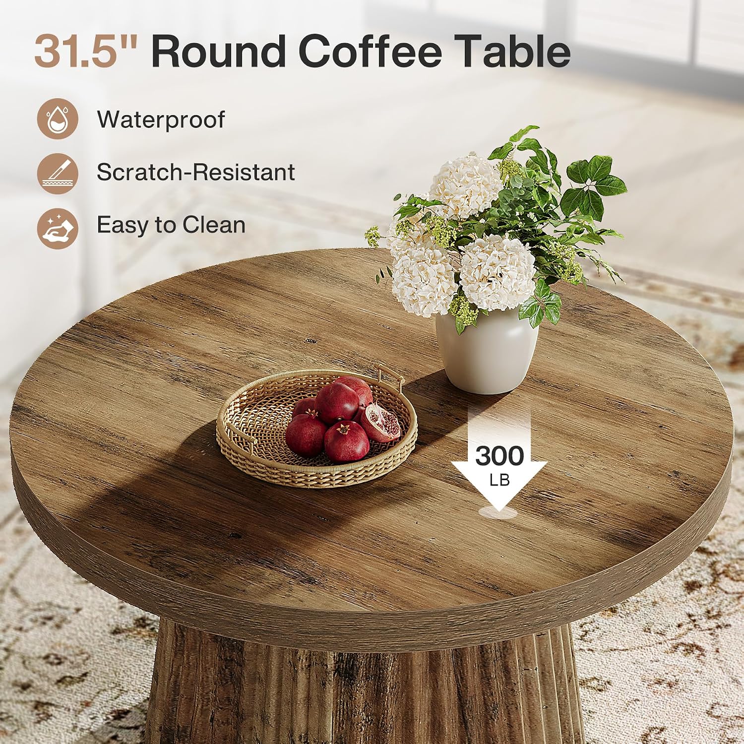 Tribesigns 31.5" Round Coffee Table, Modern Fluted Drum Coffee Tables for Living Room, Wood Farmhouse Boho Accent Pedestal Center Table for Apartment, Small Space, Brown