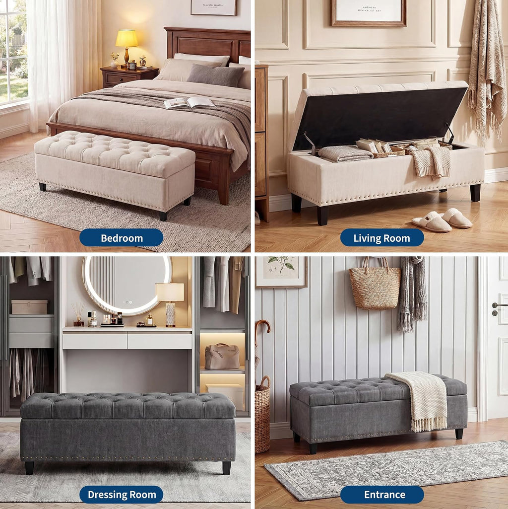51" Extra Large Storage Ottoman Bench, Supports 660lbs End of Bed Storage Bench with Button-Tufted Upholstery and Safety Close Hinge, Upholstered Bench for Living Room, Bedroom, Entryway - Beige