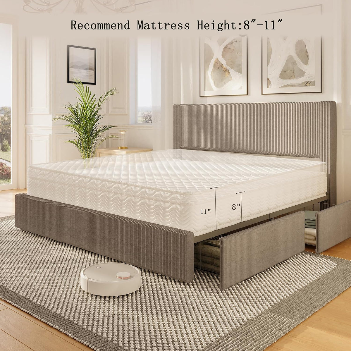 Garvee Corduroy Bed Frame with Headboard, Platform Upholstered Queen Bed Frame with 4 Storage Drawers and Wooden Slats Support, No Box Spring Needed, Brown