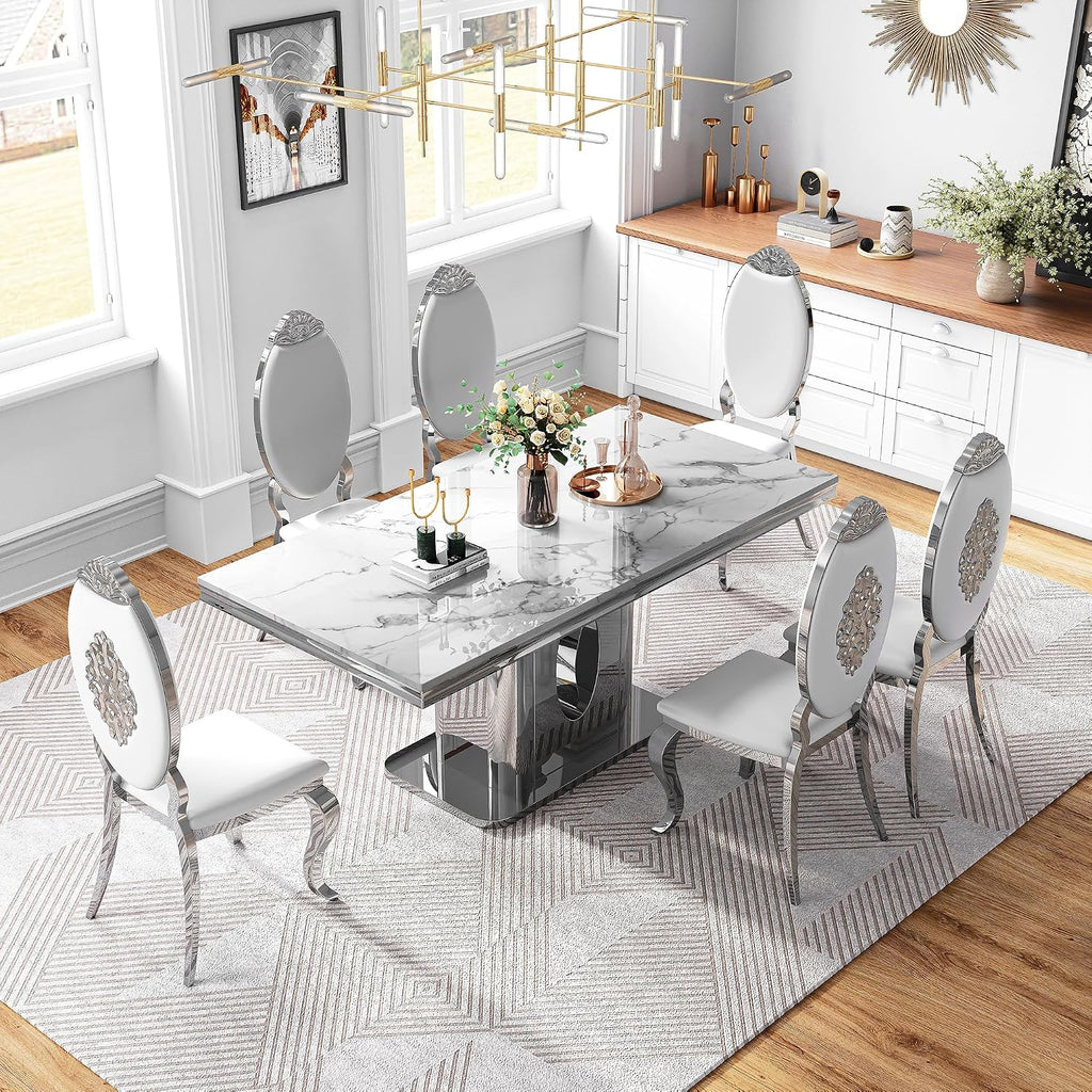AF ARTISAN FURNITURE 7 Piece White Marble Dining Table, 70'' Rectangle Faux Marble Kitchen Table Set for 6 with Silver Mirrored Finish Stainless Steel Chairs, Luxury Dining Room Table Set for 6
