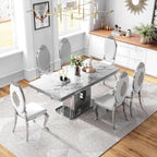 AF ARTISAN FURNITURE 7 Piece White Marble Dining Table, 70'' Rectangle Faux Marble Kitchen Table Set for 6 with Silver Mirrored Finish Stainless Steel Chairs, Luxury Dining Room Table Set for 6