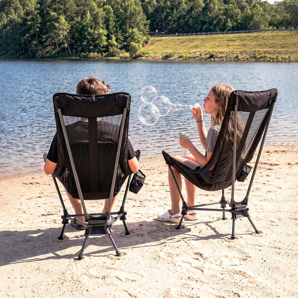 Hammock Camping Chair, Lightweight Folding Beach Lounge Chair with Adjustable Height Legs, Mesh Portable Swing Camp Chair with Cushioned Head Pillow & Armrests for Camping Beach Hiking