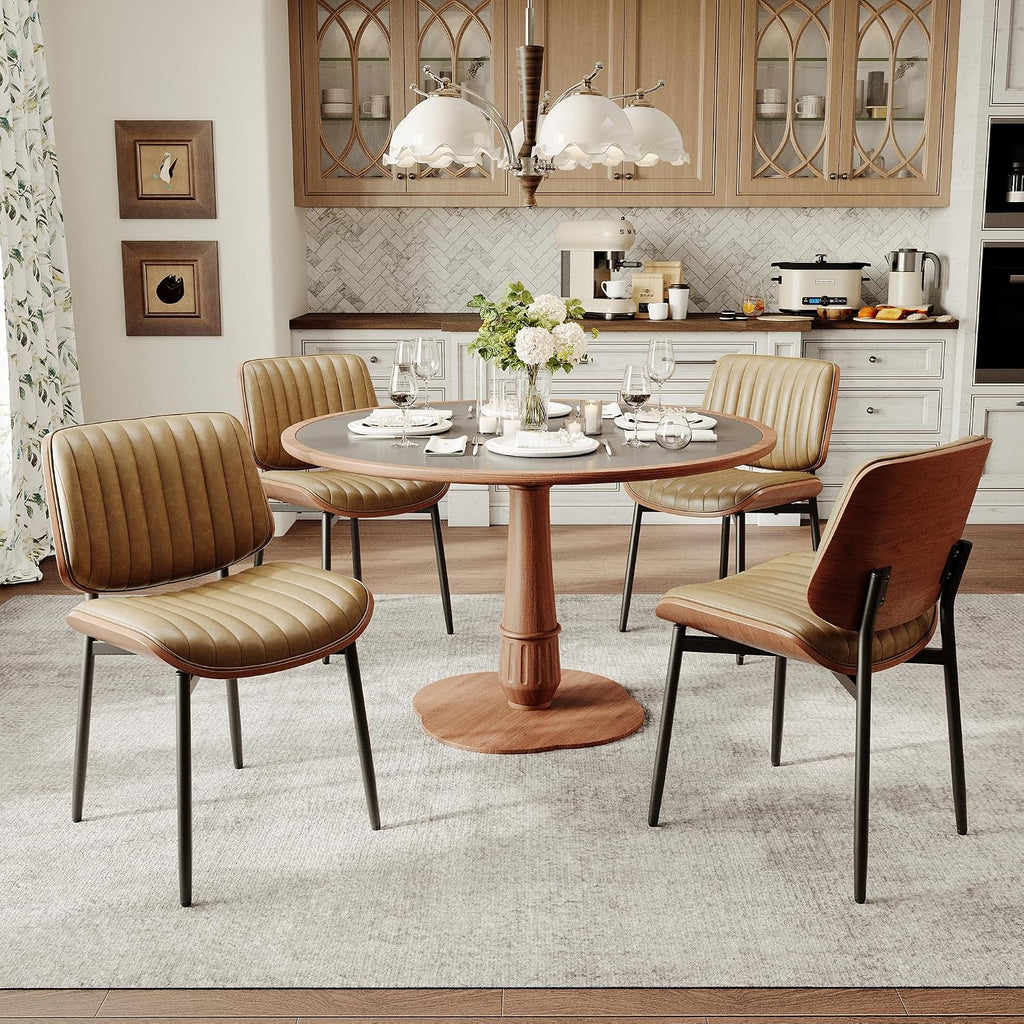 MALOL Leather Dining Chairs Set of 6, Modern Upholstered Dining Room Kitchen Chairs with Metal Legs and Wooden Back Support for Home Dining Room/Restaurant, Light Brown