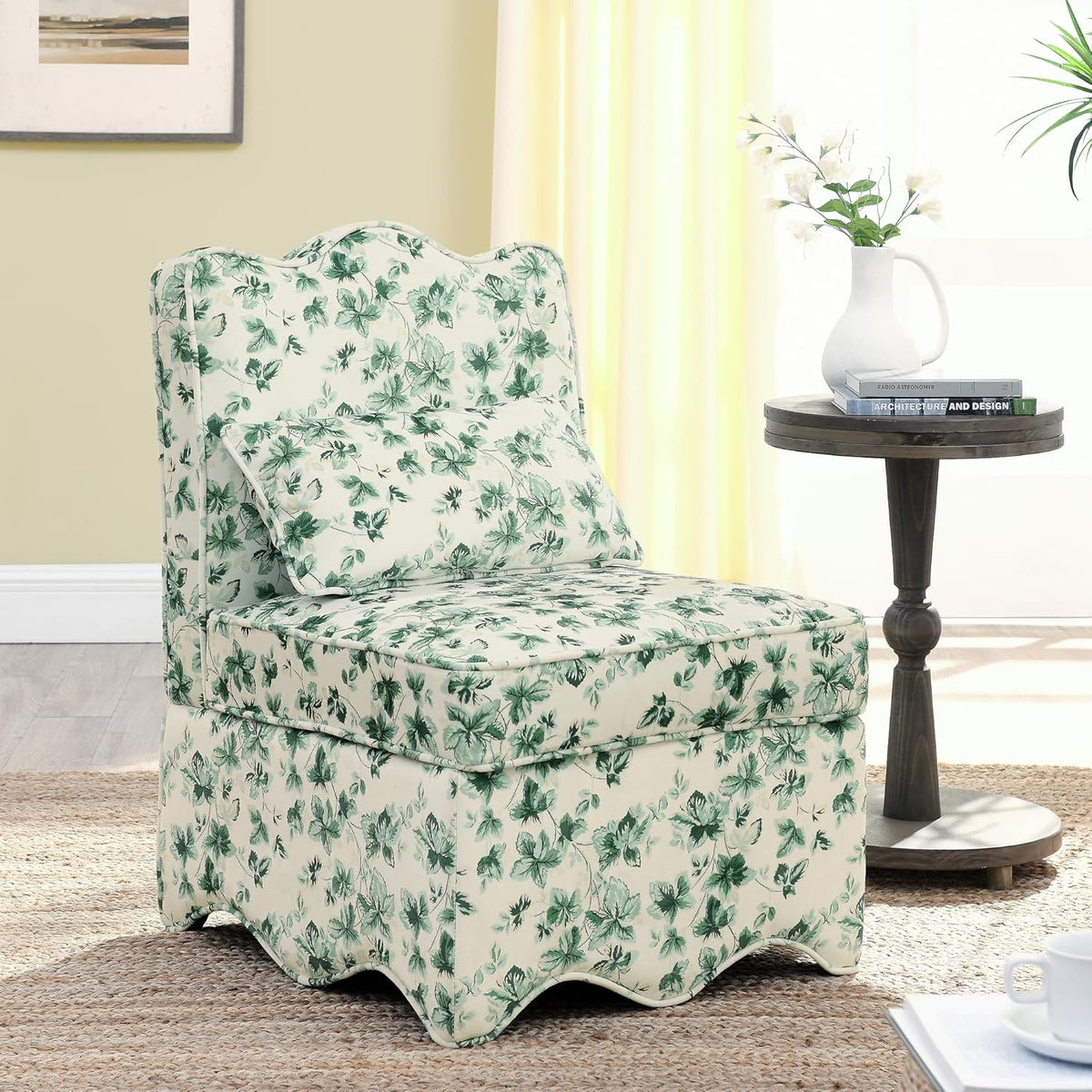 Ball & Cast Flannel Upholstered Armless Chair, Classic American Style Flower Design Fabric Dining Chair, Comfy Farmhouse Accent Chair with Padded Seat and Backrest for Living Room Kitchen, Green