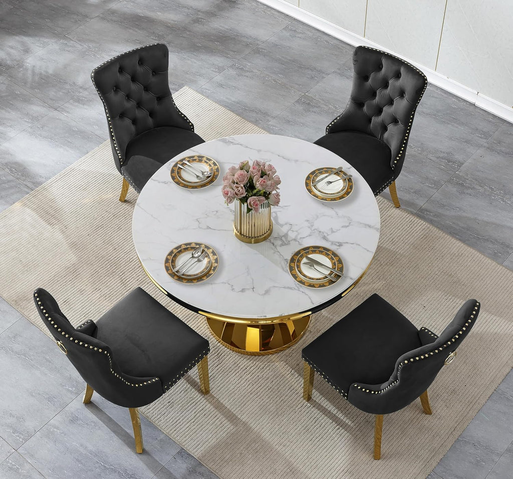 Henf Luxury Round Dining Table for 4-6 White Gold 45" Faux Marble Kitchen Table with Mirrored Stainless Steel Legs, Contemporary Modern Circle Dining Room Table (Table Only)