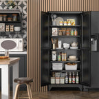 SteeLoong 75”Metal Pantry Storage Cabinet with Doors & 5 Adjustable Shelves | Kitchen Pantry Cabinet,Black Kitchen Cabinet with 2 Gold Handles,Tall Cabinet for Livingroom,Pantry, Bathroom,Kitchen,Garage