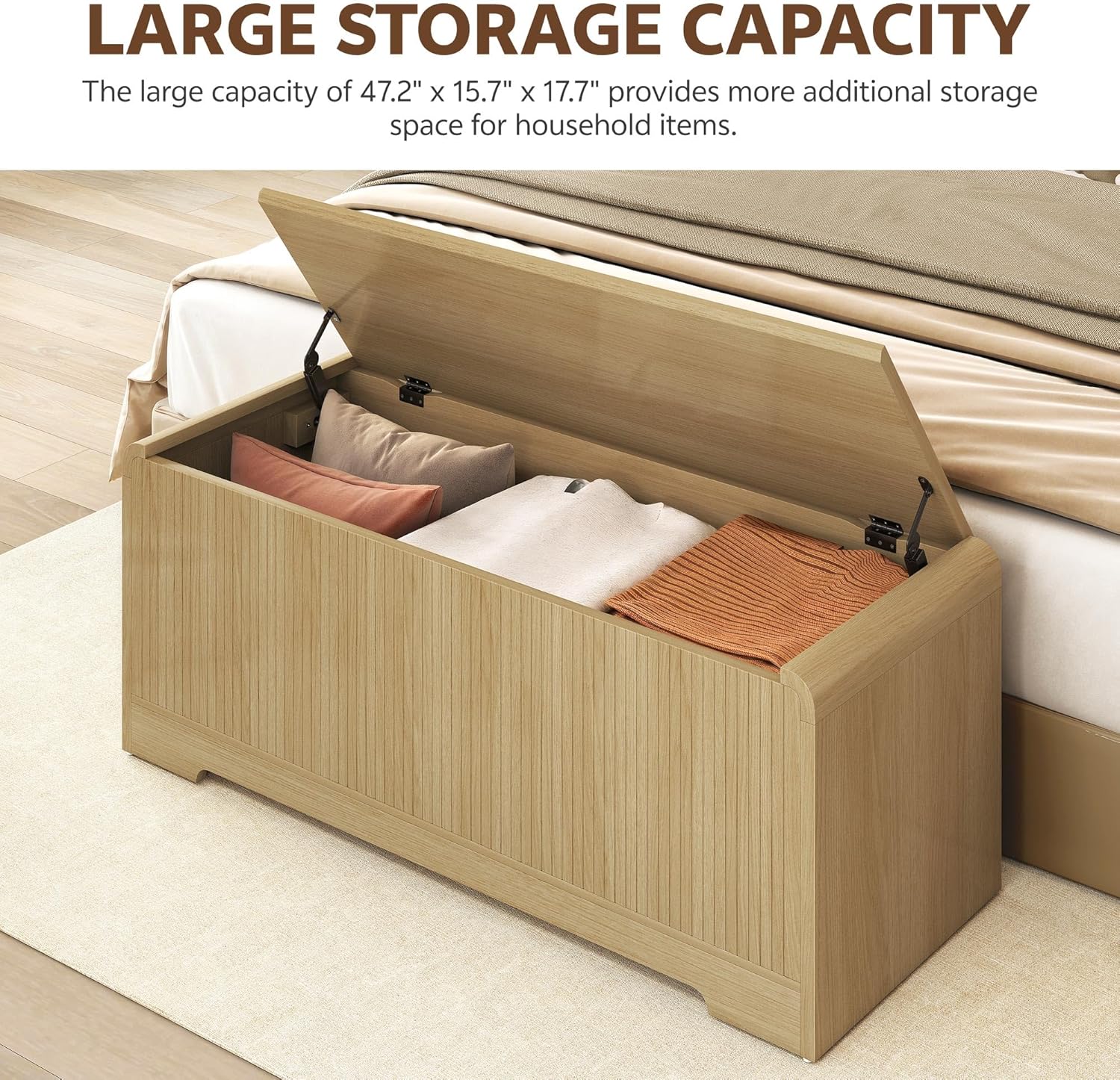 Storage Chest, 47.2" Large Entryway Bench with Storage, Wooden Storage Chest for Bedroom w/Lift Top, Modern Blanket Chest with 2 Safety Hinges for Entryway Living Room Hallway, Natural