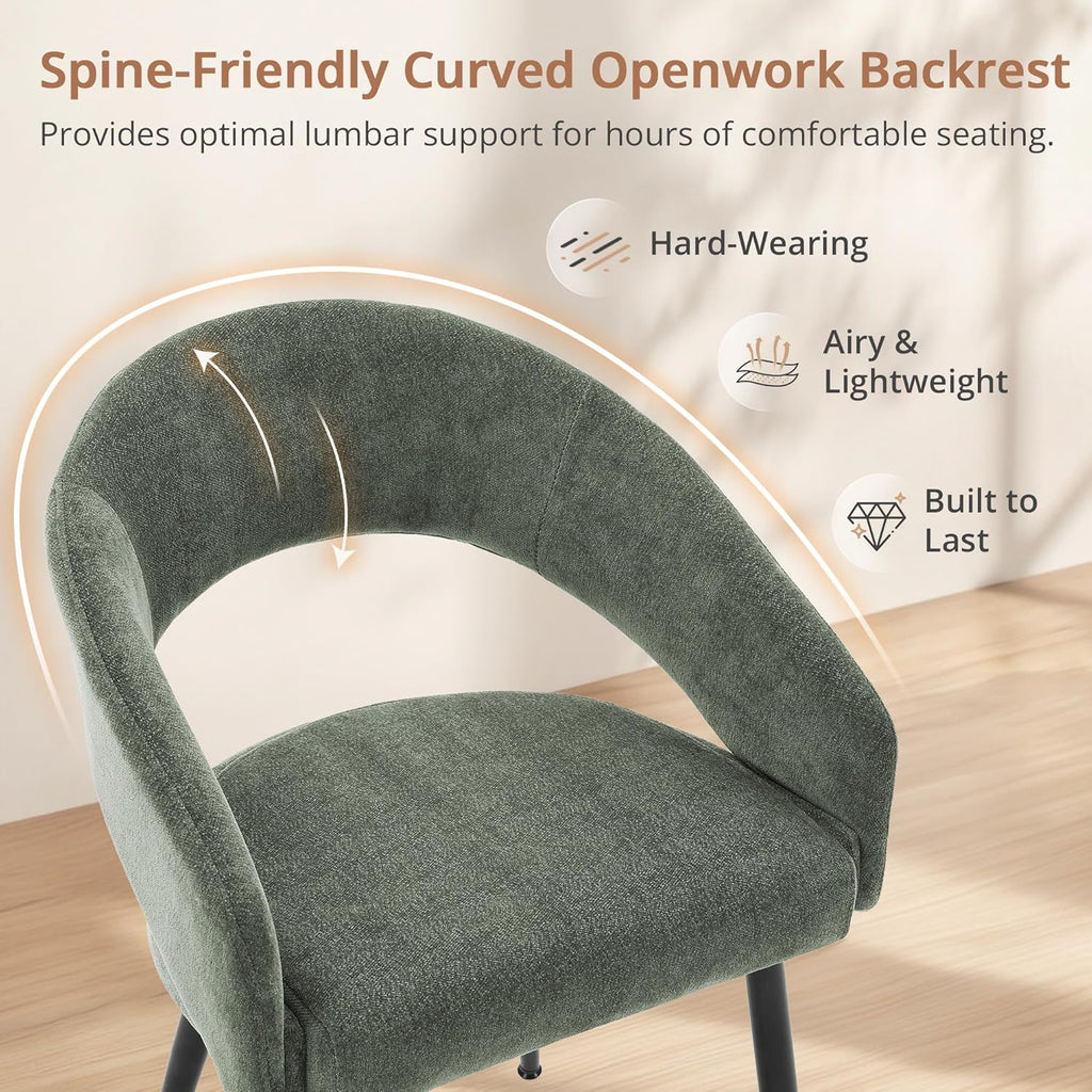 LUE BONA Modern Dining Chairs Set of 4, Upholstered Armrest Side Chairs for Kitchen & Dining Room, 18.5" Seat Height, Comfortable Curved Hollow Backrest, Black Metal Legs, Easy Assembly, Grayish Green