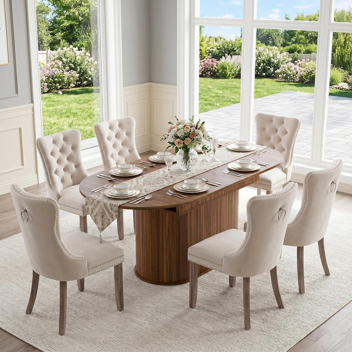 7-Piece Extendable Dining Room Set for 6, 55" - 71" Expandable Dining Table Set with 6 Tufted Upholstered Chairs, Mid-Century Modern Oval Dining Table Set for Home Holiday Gathering, Walnut