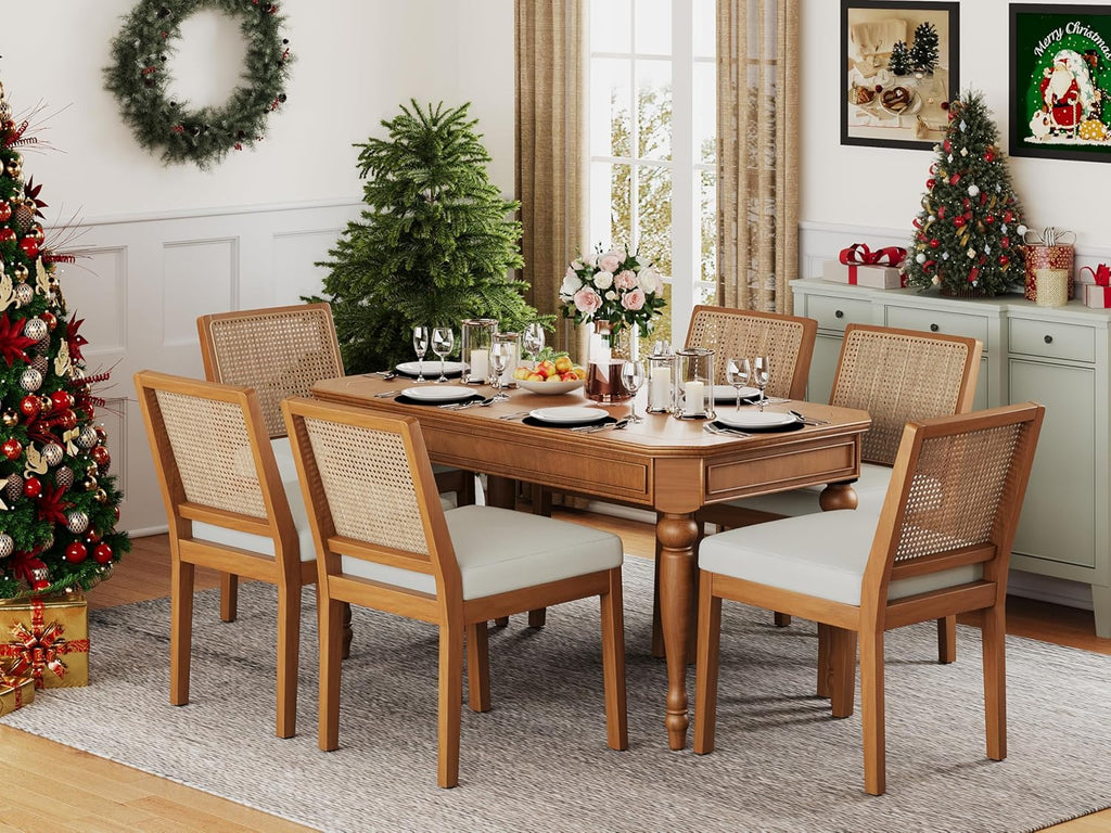 Andeworld Farmhouse Natural Rattan Dining Chairs Set of 6, Upholstered Mid Century Modern Kitchen Dining Room Side Chairs, Armless Faux Leather Kitchen Chairs with Wood Frame, Beige