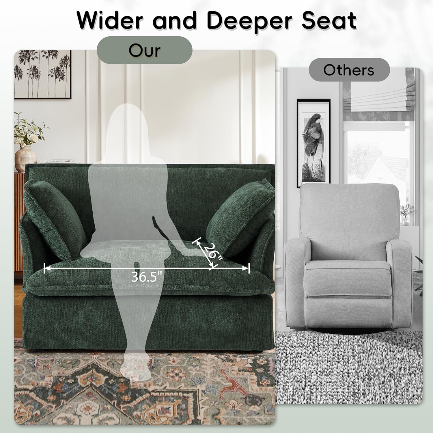 ERYE 47" Chenille Upholstered Accent Chair Wide Seat Armchair for Living Room Bedroom, Modern Upholstered Armchair W/ 2 Pillows and USB-C Ports for Home Apartment Office