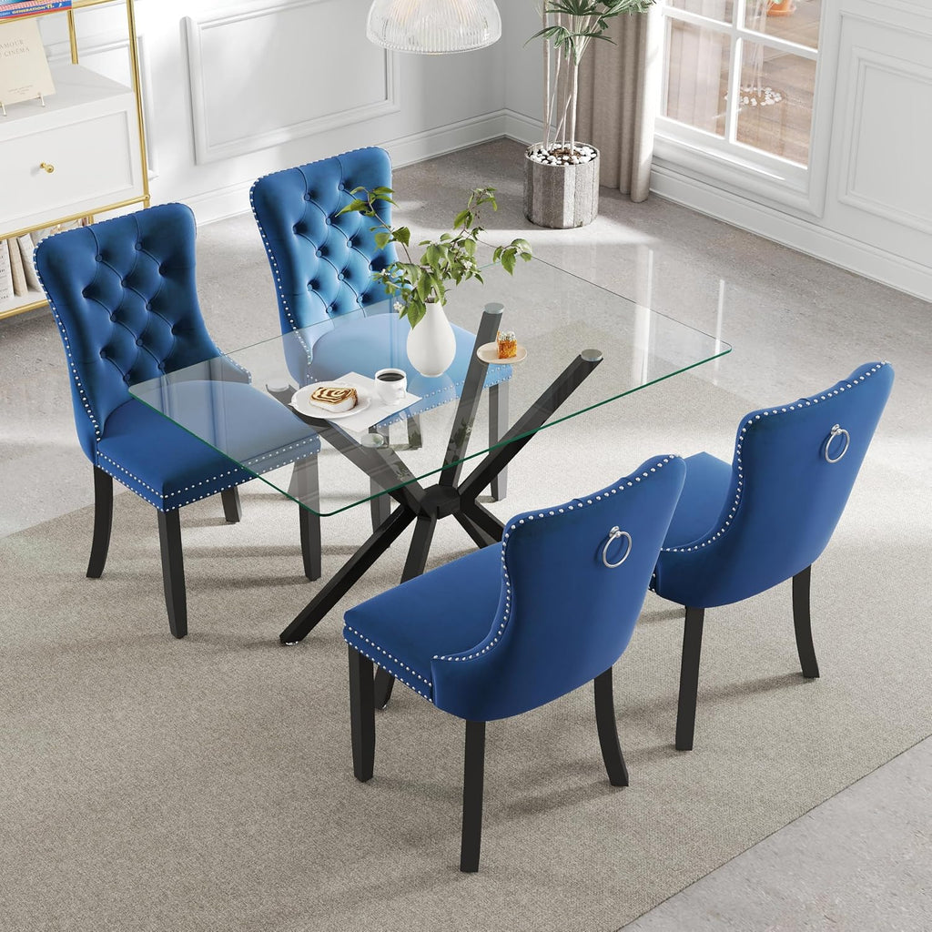5 Pieces Modern Luxury Glass Dining Set, Minimalist Rectangle Dinner Room Set for 4, 47'' Clear Glass Top Kitchen Table Set with Black Base, Blue Tufted Chairs, for Small Apartment Home