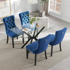 5 Pieces Modern Luxury Glass Dining Set, Minimalist Rectangle Dinner Room Set for 4, 47'' Clear Glass Top Kitchen Table Set with Black Base, Blue Tufted Chairs, for Small Apartment Home