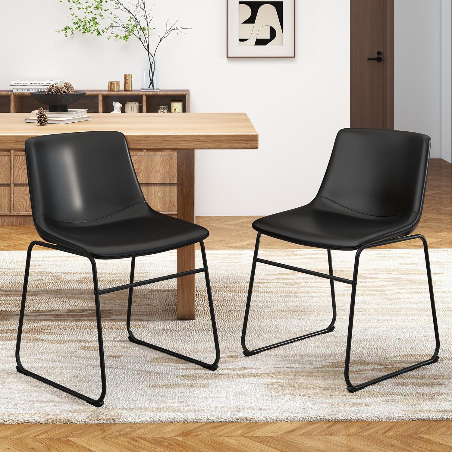 GOTMINSI Dining Chairs Set of 4, 18 Inch Modern Dinner Chairs, PU Leather Armless Dining Room Chairs with Sturdy Metal Legs and Upholstered Backrest for Kitchen (Black)
