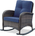 Belord Patio Rocking Chair Wicker Chair, 1 Piece Outdoor Rocking Chair Seating with Cushions for Porch Deck Balcony, Brown/Blue
