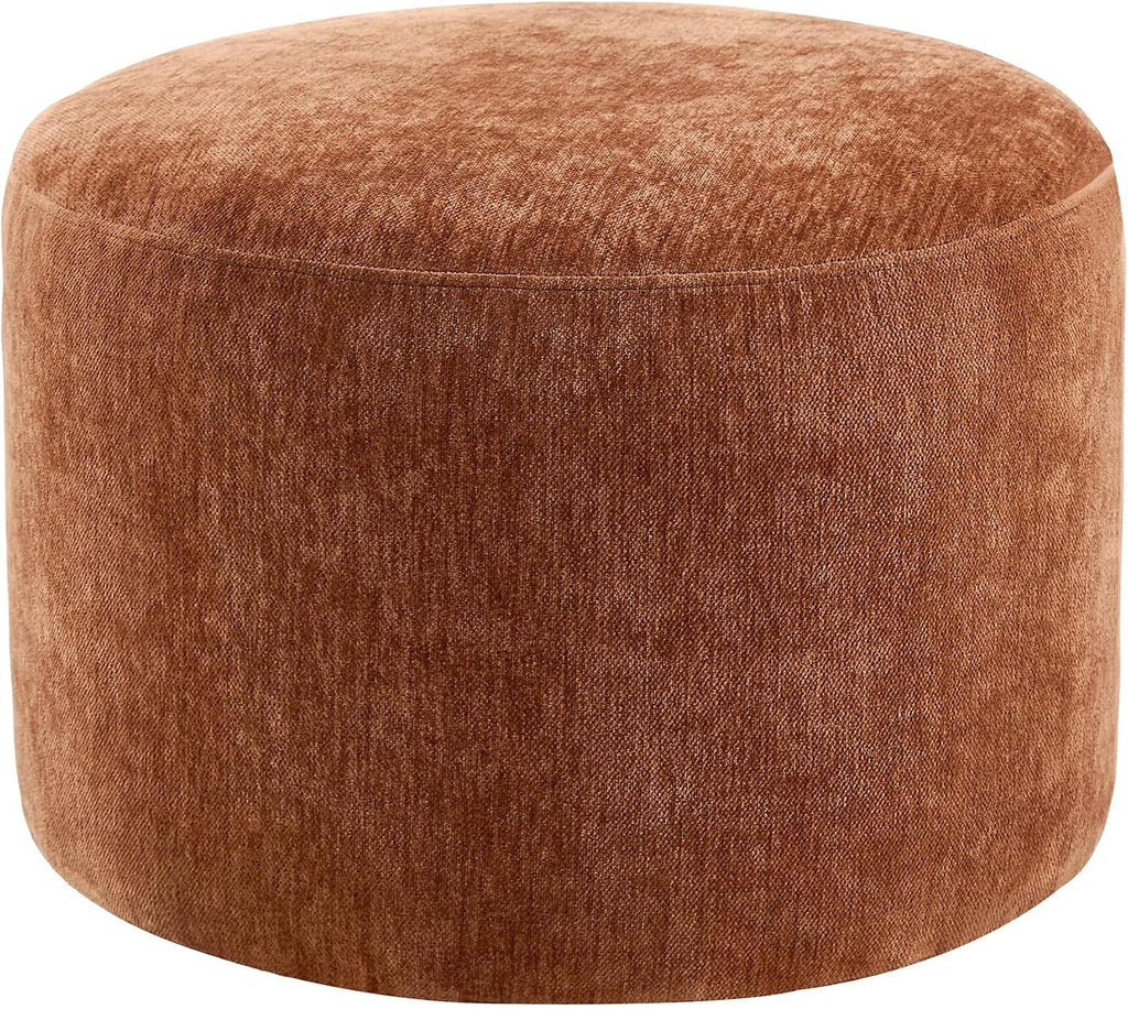 Upholstered Round Pouf Ottoman, Modern Footstool, Orange-Brown | Small Chenille Footrest with Soft Padded Seat & Wood Frame, Accent Vanity Stool for Bedroom (22.6"D x 22.6"W x 16.5"H)