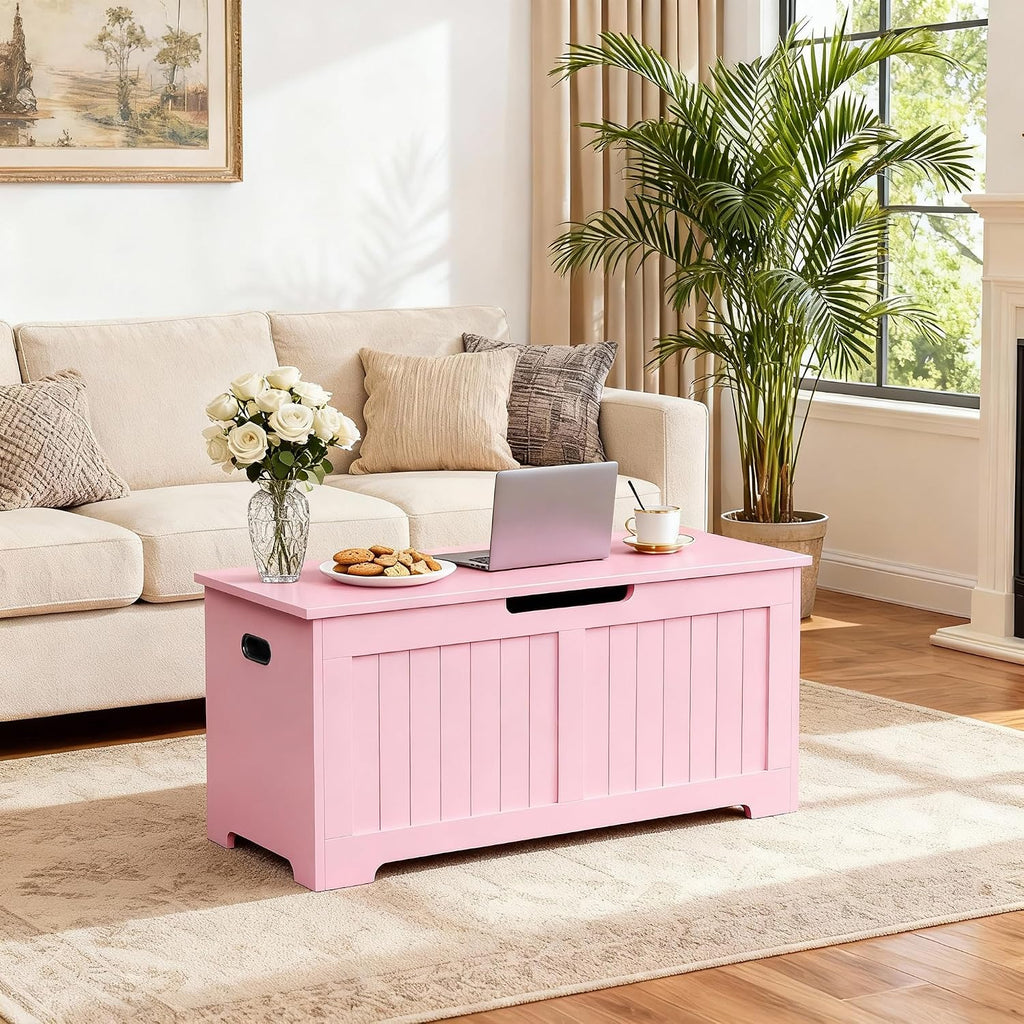SUPER DEAL Storage Chest, 39 inches Chest Box Organizer with 2 Safety Hinges, Wooden Entryway Shoe Organizer Storage Bench, Pink