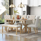 Merax 6-Piece Solid Wood Dining Table Set for 6, Solid Wood Rectangular Kitchen Table Set with 4 Upholstered Chairs and 1 Bench, Dining Room, Kitchen, Natural Wood Wash