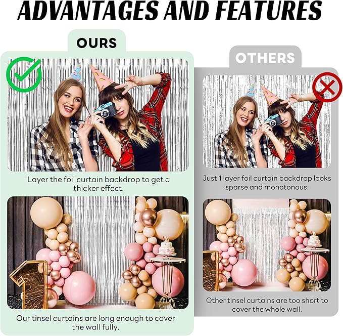 BTSD-home Silver Foil Fringe Curtain, Metallic Photo Booth Backdrop Tinsel Door Curtains for Wedding Birthday Bridal Shower Baby Shower Bachelorette Christmas Party Decorations(4 Pack, 8ft x 3ft)
