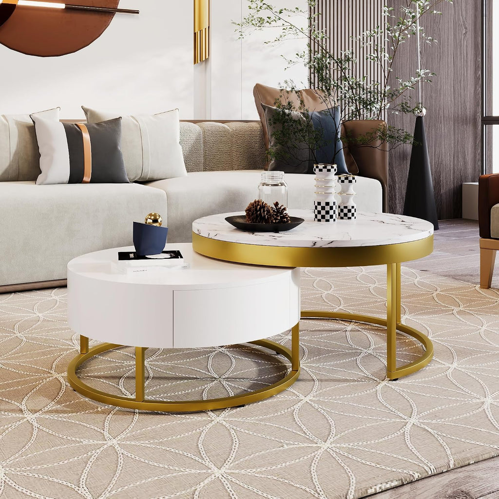 32" Space Saving Nesting End Table, Nesting End Tables with Storage Drawers, Coffee Table Set with Sleek Modern Design for Versatile Home Usage, Golden+White