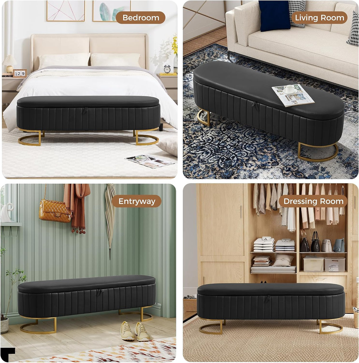 Storage Ottoman Bench, 63" Faux Leather End of Bed Bench Bedroom Bench King Size with Golden Metal Legs, Upholstered Storage Bench for Bedroom Living Room Entryway and Window, Black
