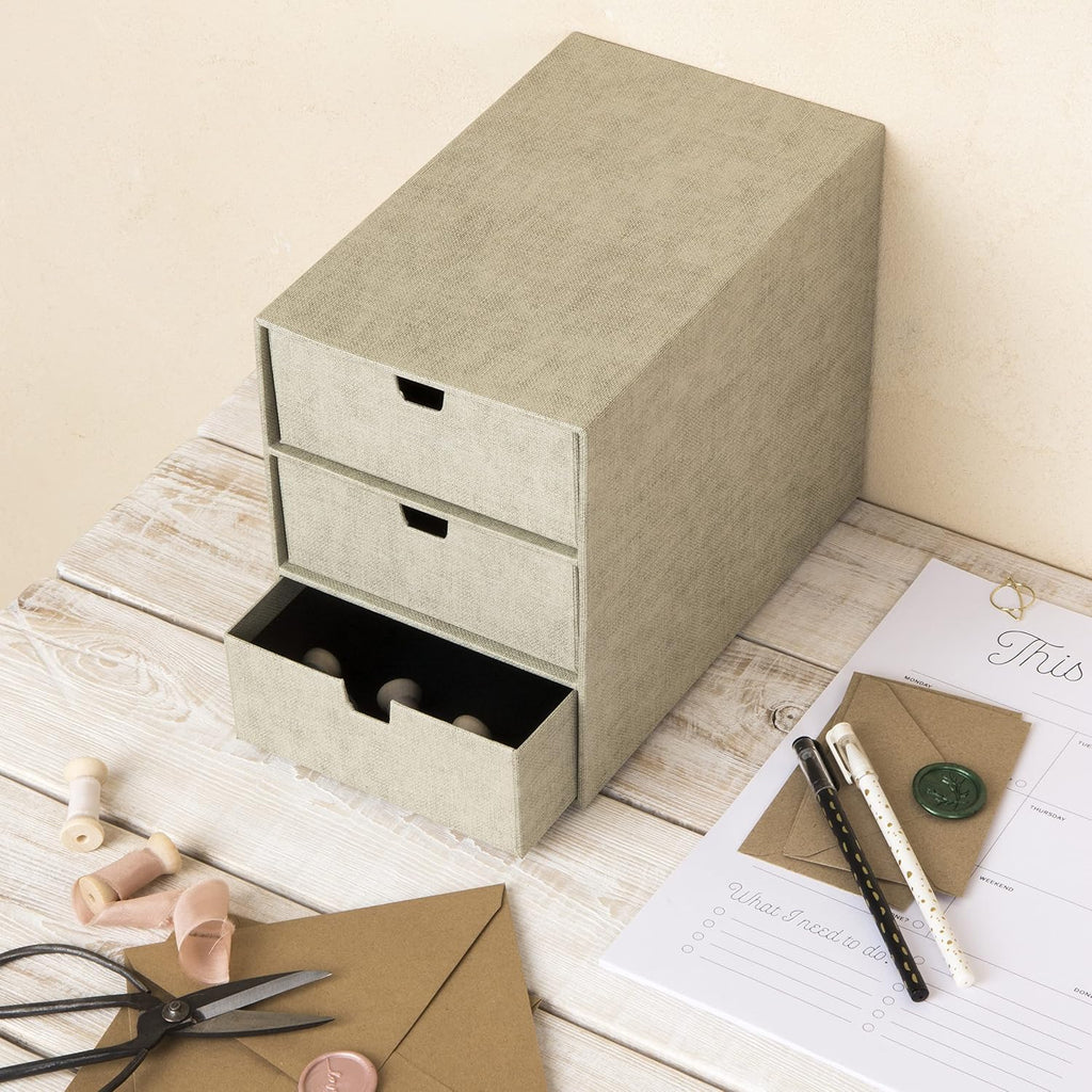 Bigso Box of Sweden 3-Tier Desktop Drawers - Desk Tidy Organiser for Stationery Storage - Paper Mini Filing Cabinet in Fibreboard and Paper in Linen Look - Beige