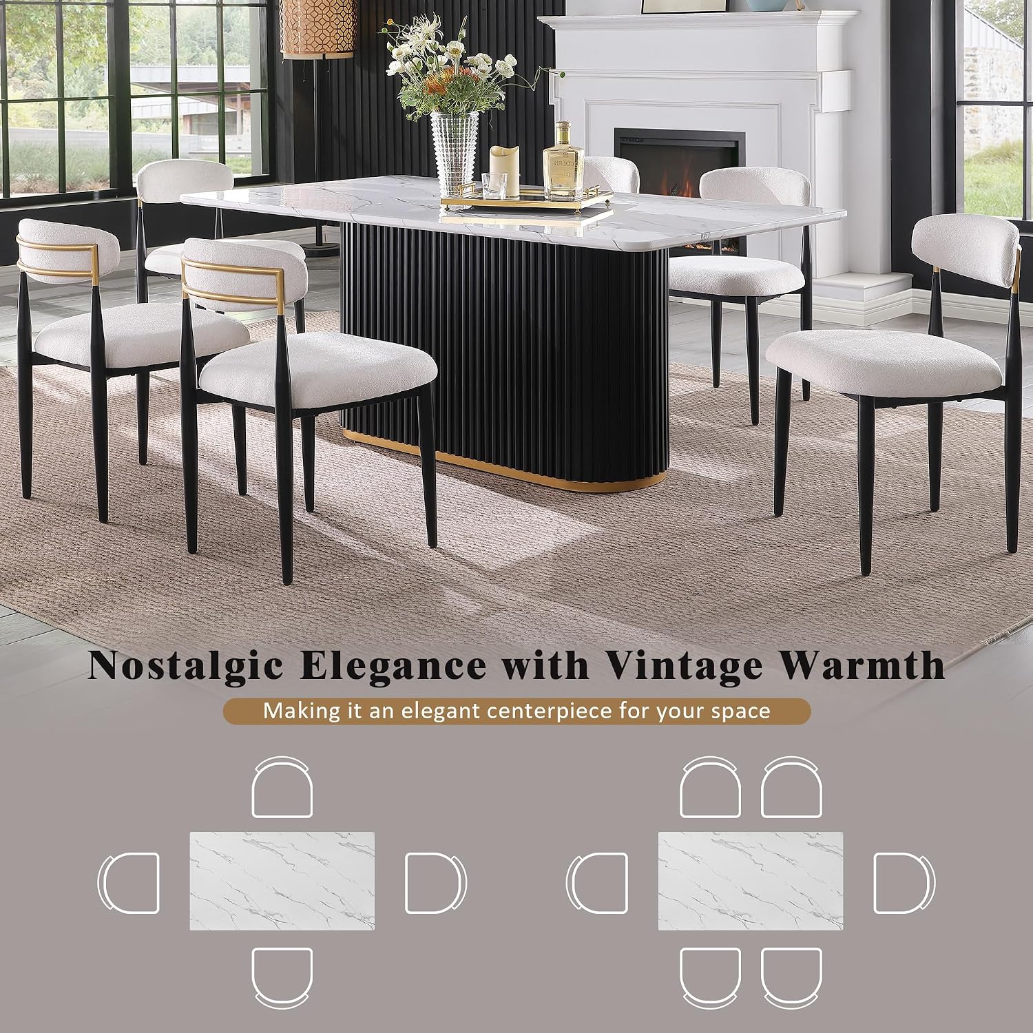69" Large Dining Table, Rectangle Dining Table with White Faux Marble Top and Black Wave Metal Base, Modern Office Computer Dinner Table for Kitchen & Dining Room