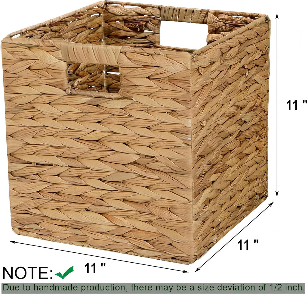 11 x 11 x 11 in Woven Storage Baskets,Set of 4 Wicker Cubes Baskets,Natural | Foldable Water Hyacinth Baskets,Handwoven Storage Baskets for Shelves,Kitchen or Outdoor