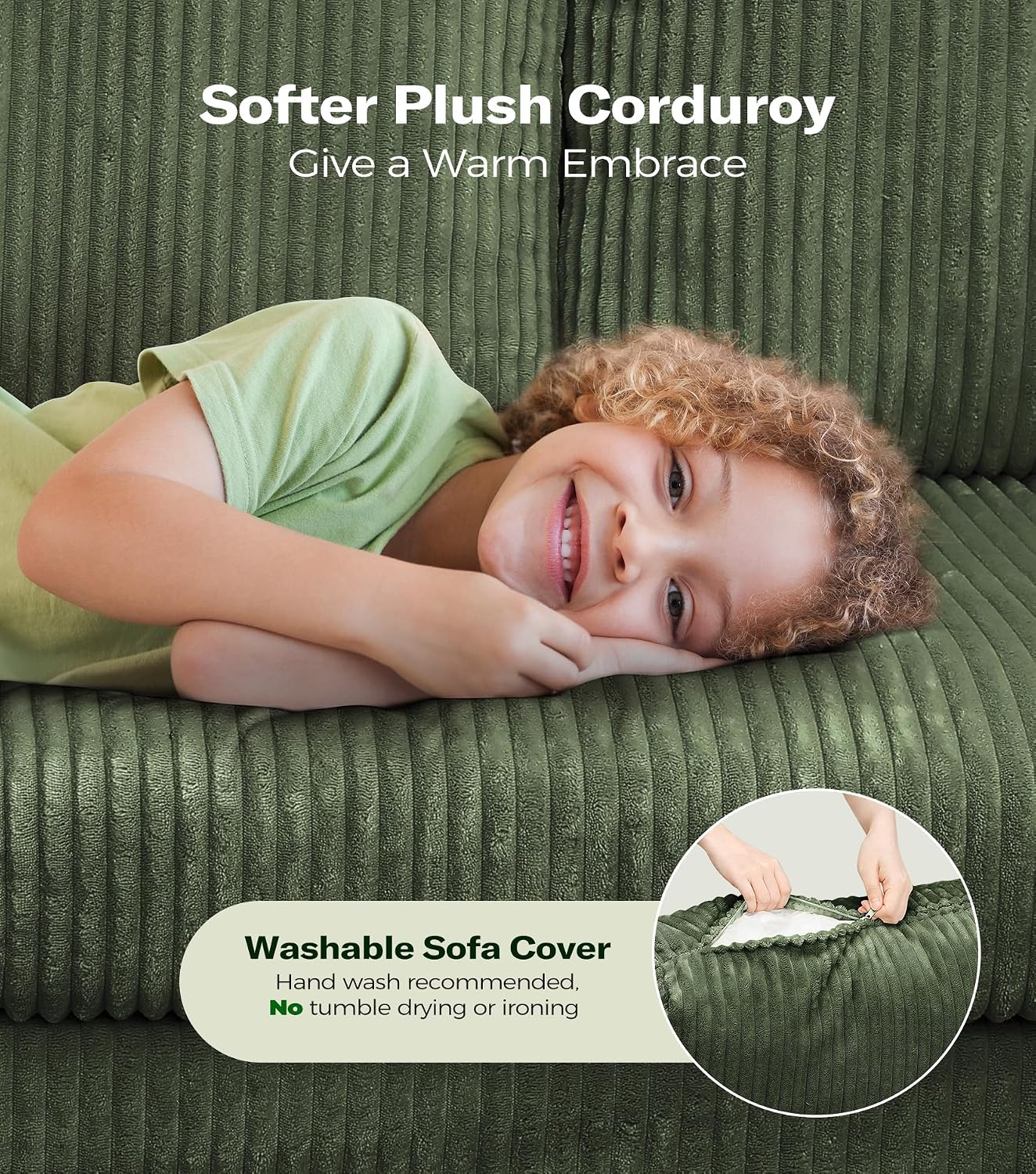 Welzona 101" Sofas for Living Room, Oversized Couch,Couches for Living Room | Comfy Corduroy Couch, Tool-Free Setup Sofa Couch, 6.3" Extra Wide Armrest, All-Wood Modern Couch For Bedroom, 2 Pillow, Green