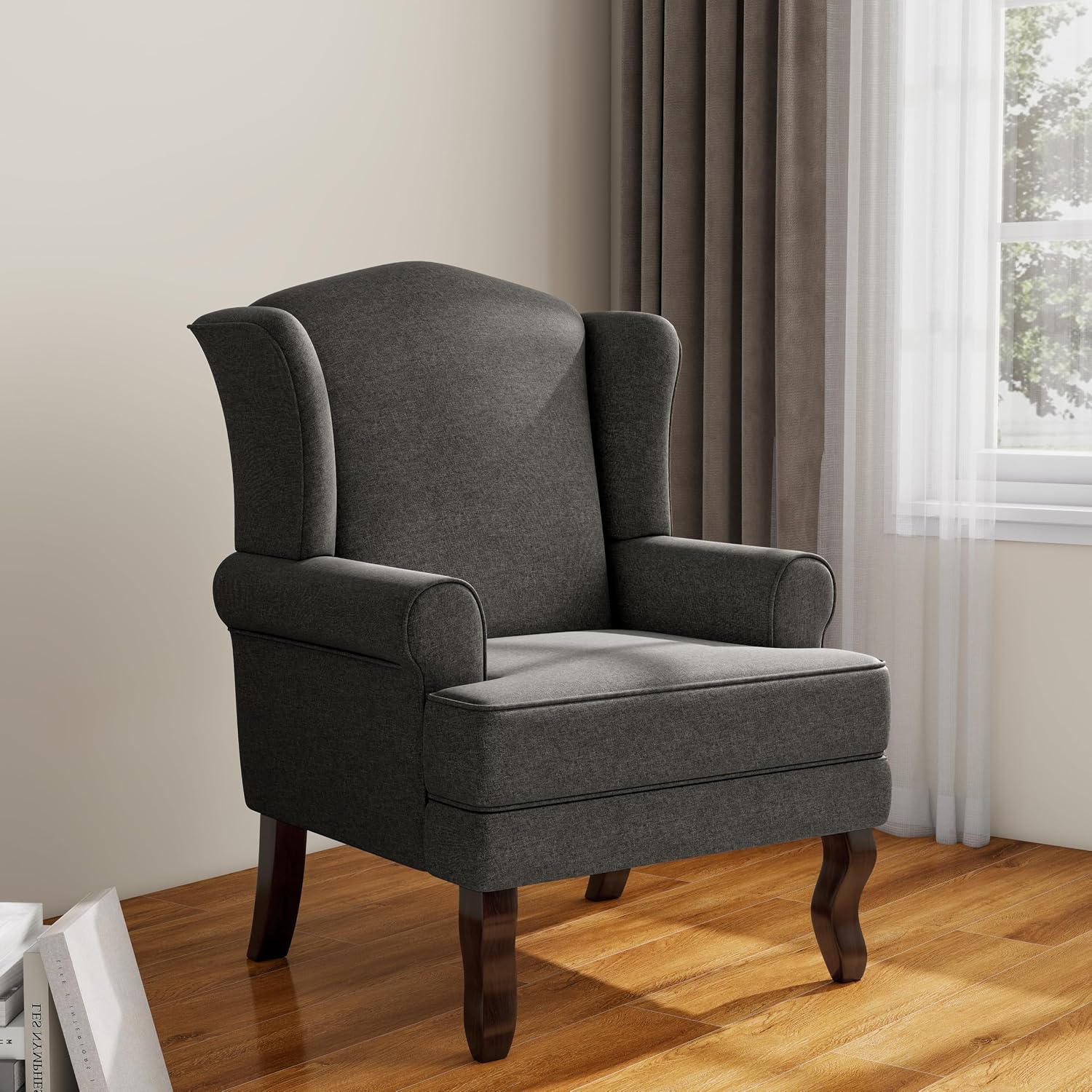 Lumibee High Back Accent Chair, Comfy Armchair with Solid Wood Legs for Living Room, Upholstered Accent Chair for Small Space, Single Sofa Reading Chairs for Office-Dark Gray