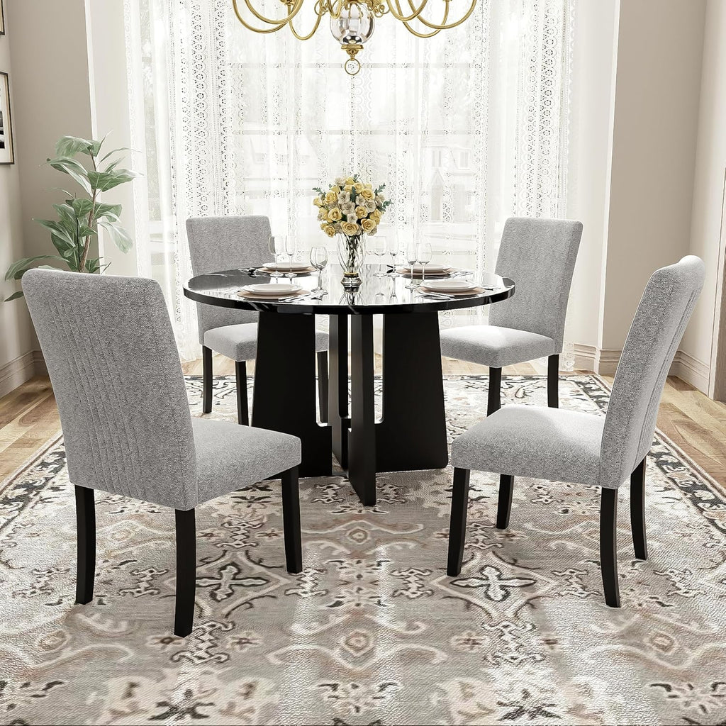 5-Piece Round Dining Table Set, 43-Inch Modern Dining Table and 4 Upholstered Chairs for Dining Room, Kitchen Room, Living Room (Grey Chairs and Black Table)