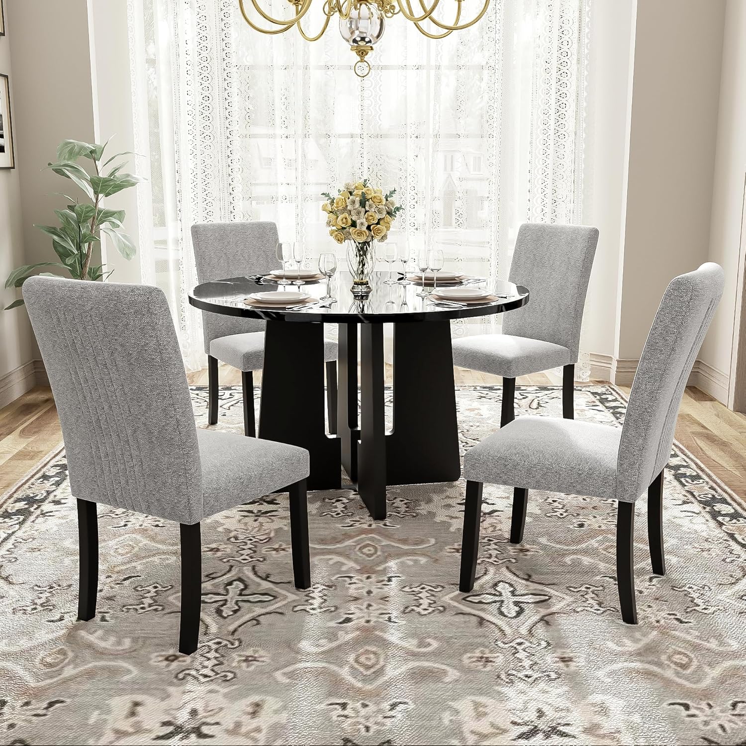 5-Piece Round Dining Table Set, 43-Inch Modern Dining Table and 4 Upholstered Chairs for Dining Room, Kitchen Room, Living Room (Grey Chairs and Black Table)