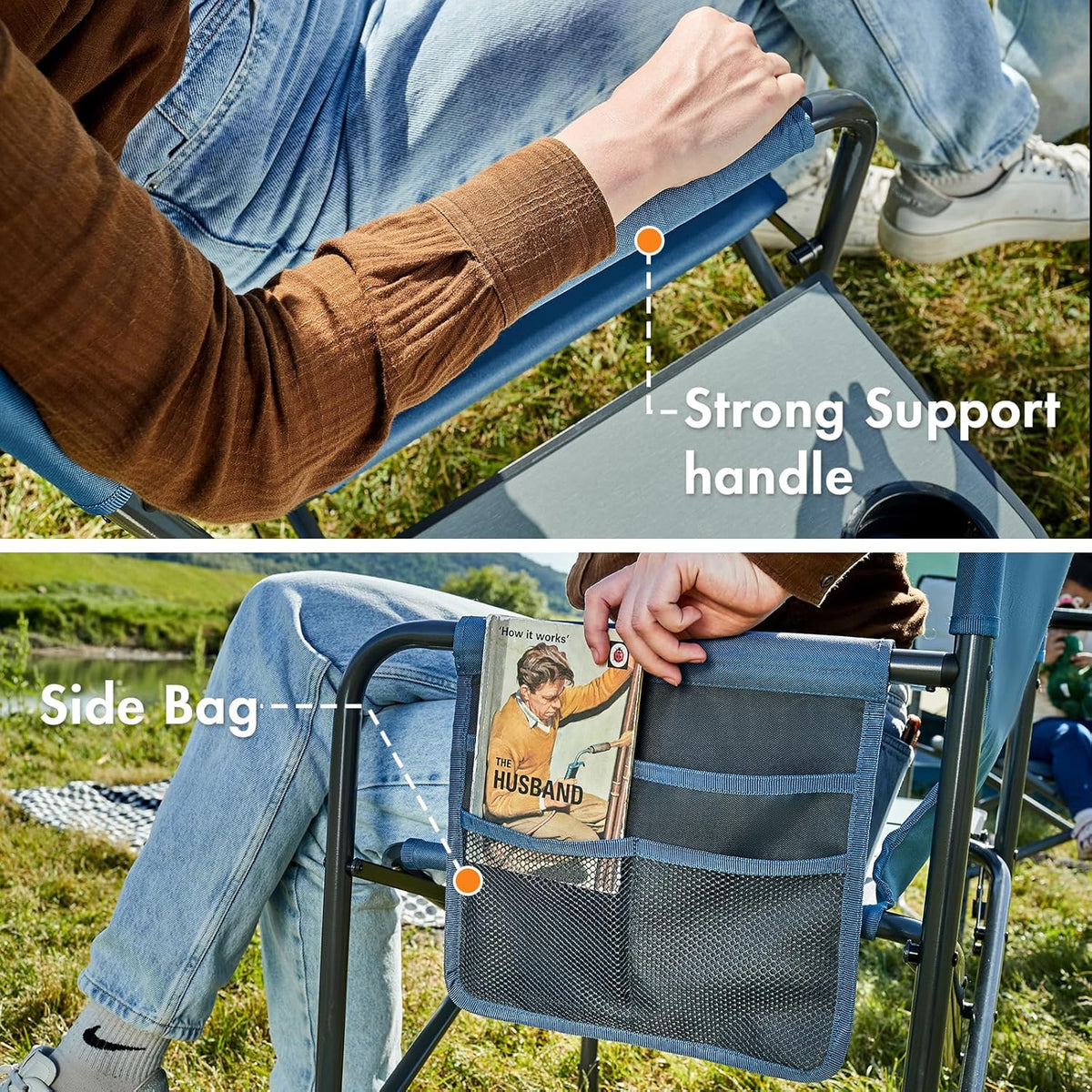 Portal Directors Chair Camping Chairs for Adults with Side Table Folding Lawn Chairs for Adults, Directors Chairs Foldable for Outdoor Chairs for Beach, Travel, Heavy Duty Supports 300LBS, Blue/Grey