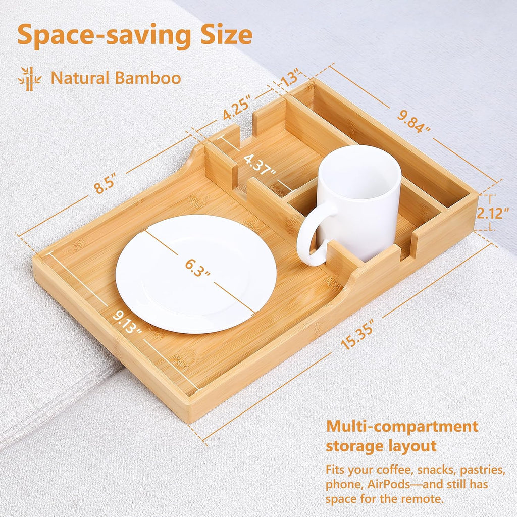 Couch Tray Insert for Middle Seat, Bamboo Couch Table with 2 Cup Holders, Fits Armless Sofa & Sectionals, Fold-Flat Tray for Drinks, Snacks & Remotes, Natural Bamboo