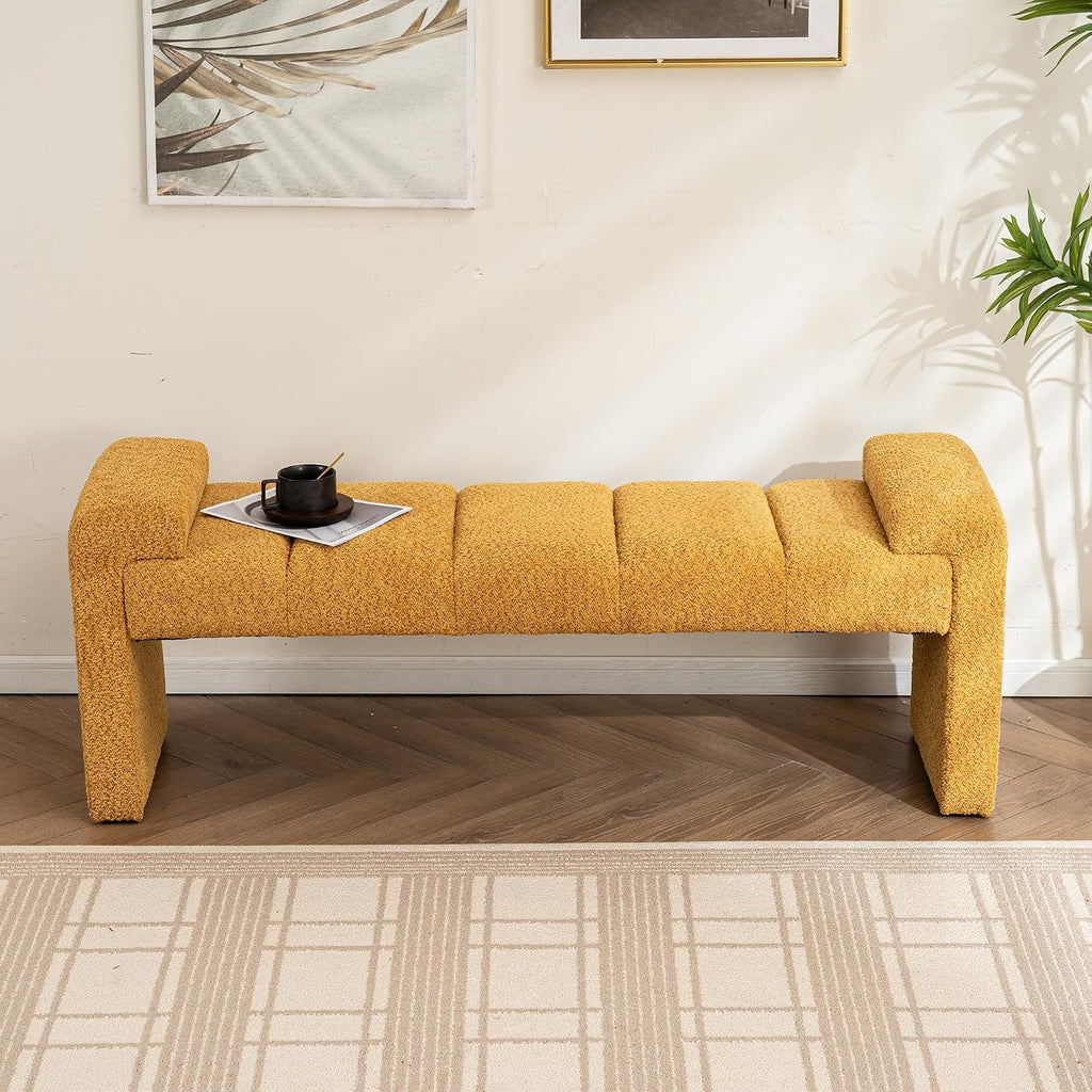 Boucle End of Bed Bench Upholstered Modern Bedroom Bench Channel Tufted Window Bench Comfy Long Ottoman for Living Room/Hallway/Indoor (Mustard, 60" Curved Arm)